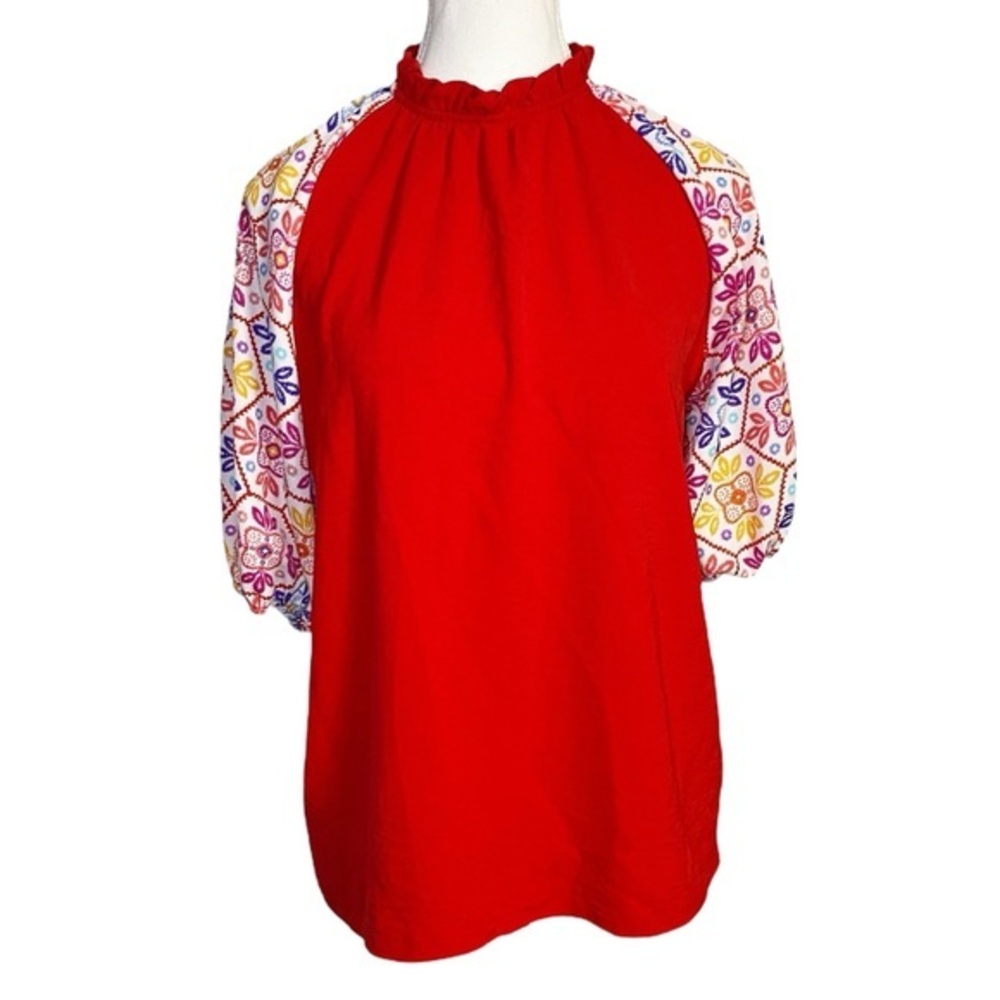 Haptics Red Women's Top with Multicolor Sleeves